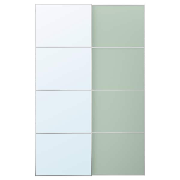 MEHAMN/AULI - Pair of sliding doors, double-sided aluminium/light green mirror glass,150x236 cm