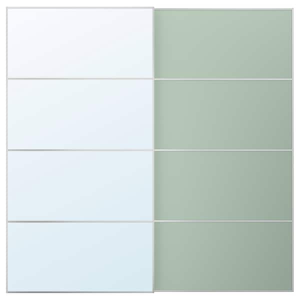 MEHAMN/AULI - Pair of sliding doors, aluminium double sided/light green mirror glass, 200x201 cm