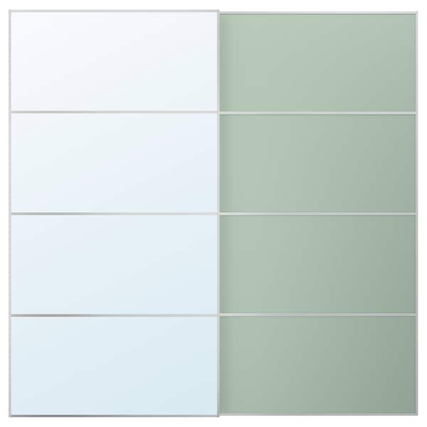 Ikea MEHAMN/AULI - Pair of sliding doors, aluminium double sided/light green mirror glass, 200x201 cm