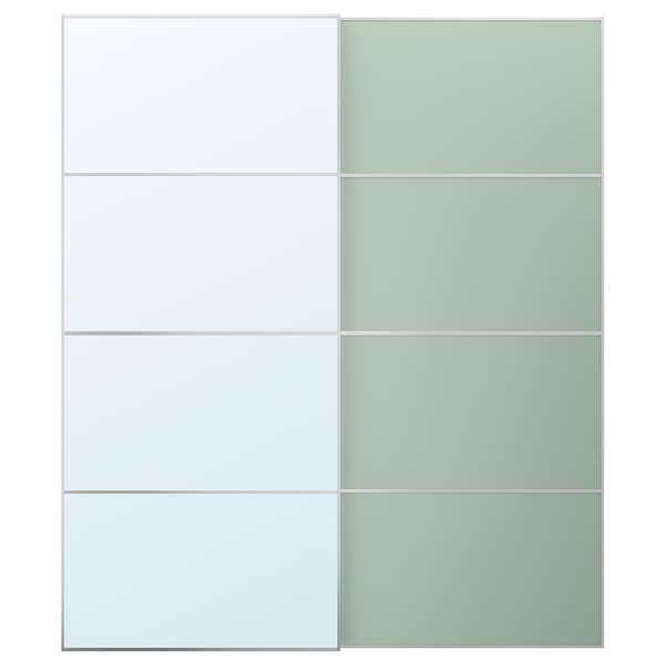 MEHAMN/AULI - Pair of sliding doors, double-sided aluminium/light green mirror glass,200x236 cm