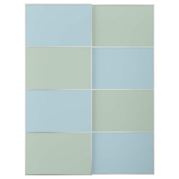 MEHAMN - Pair of sliding doors, aluminium double sided/light blue light green, 150x201 cm
