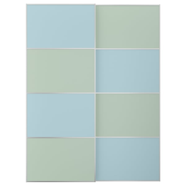 MEHAMN - MEHAMN Pair of sliding doors, aluminium double sided/light blue light green, 150x201 cm
