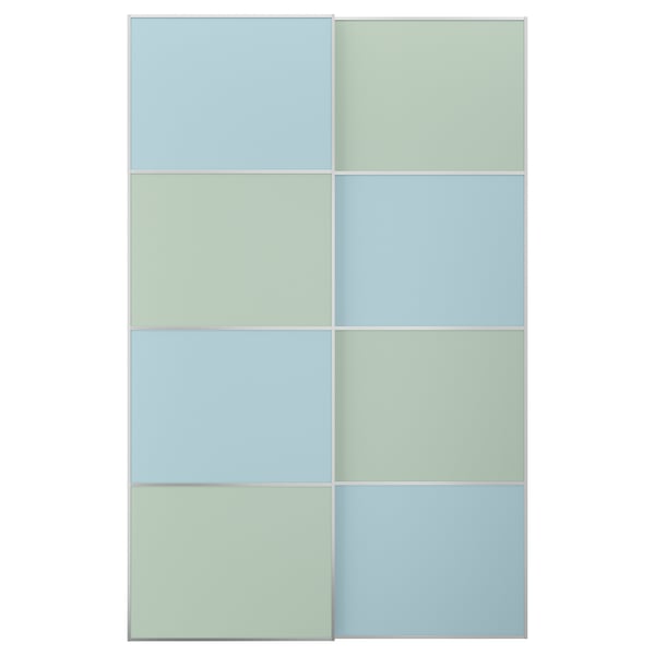 MEHAMN - MEHAMN Pair of sliding doors, aluminium double sided/light blue light green, 150x236 cm