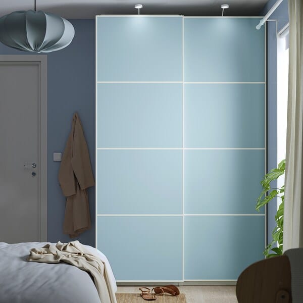 Ikea MEHAMN - Pair of sliding doors, aluminium double sided/light blue light green, 150x201 cm