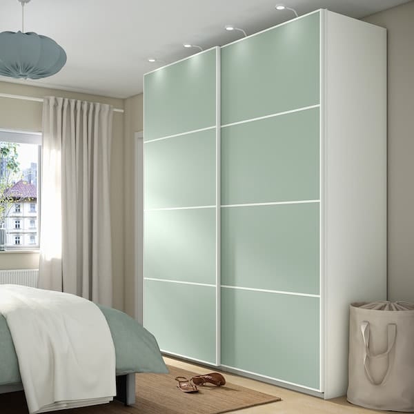 Ikea MEHAMN - Pair of sliding doors, aluminium double sided/light blue light green, 150x201 cm
