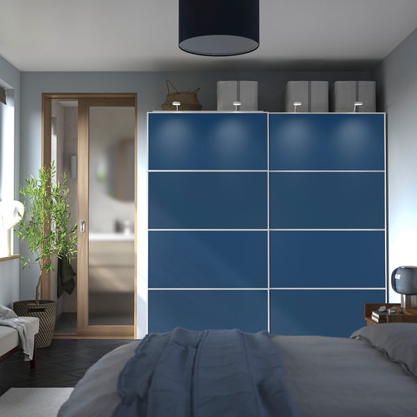 MEHAMN pair of sliding doors, aluminum/double-face blue, 200x201 cm
