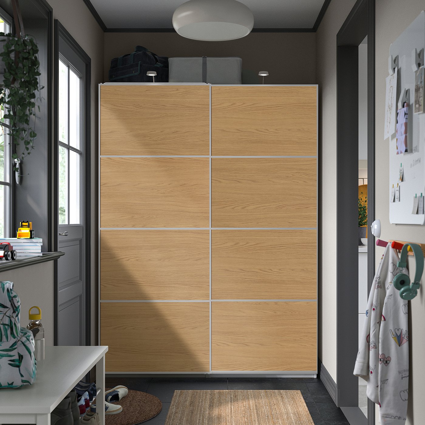 MEHAMN pair of sliding doors, aluminium/double sided oak effect, 150x201 cm