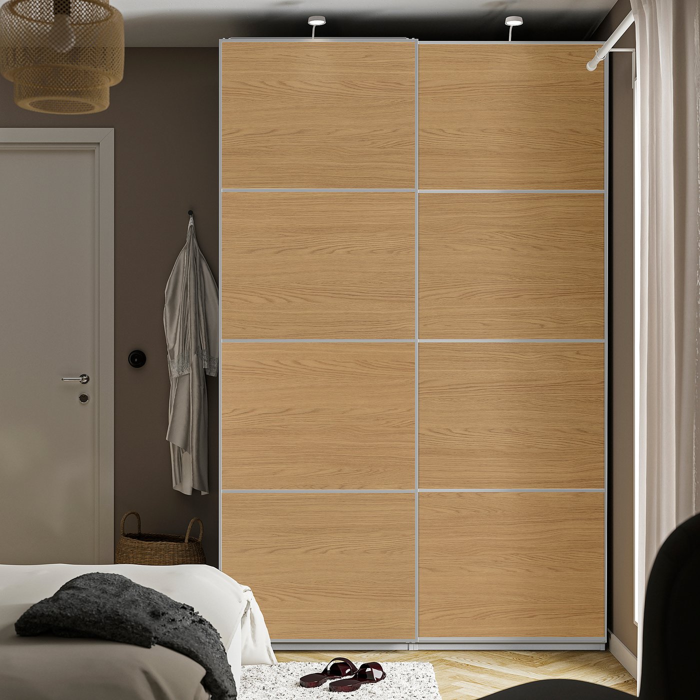 MEHAMN pair of sliding doors, aluminium/double sided oak effect, 150x236x8.0 cm