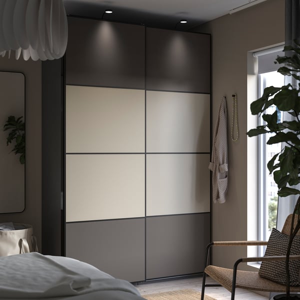MEHAMN pair of sliding doors, aluminium double sided/dark grey grey-beige, 150x236 cm