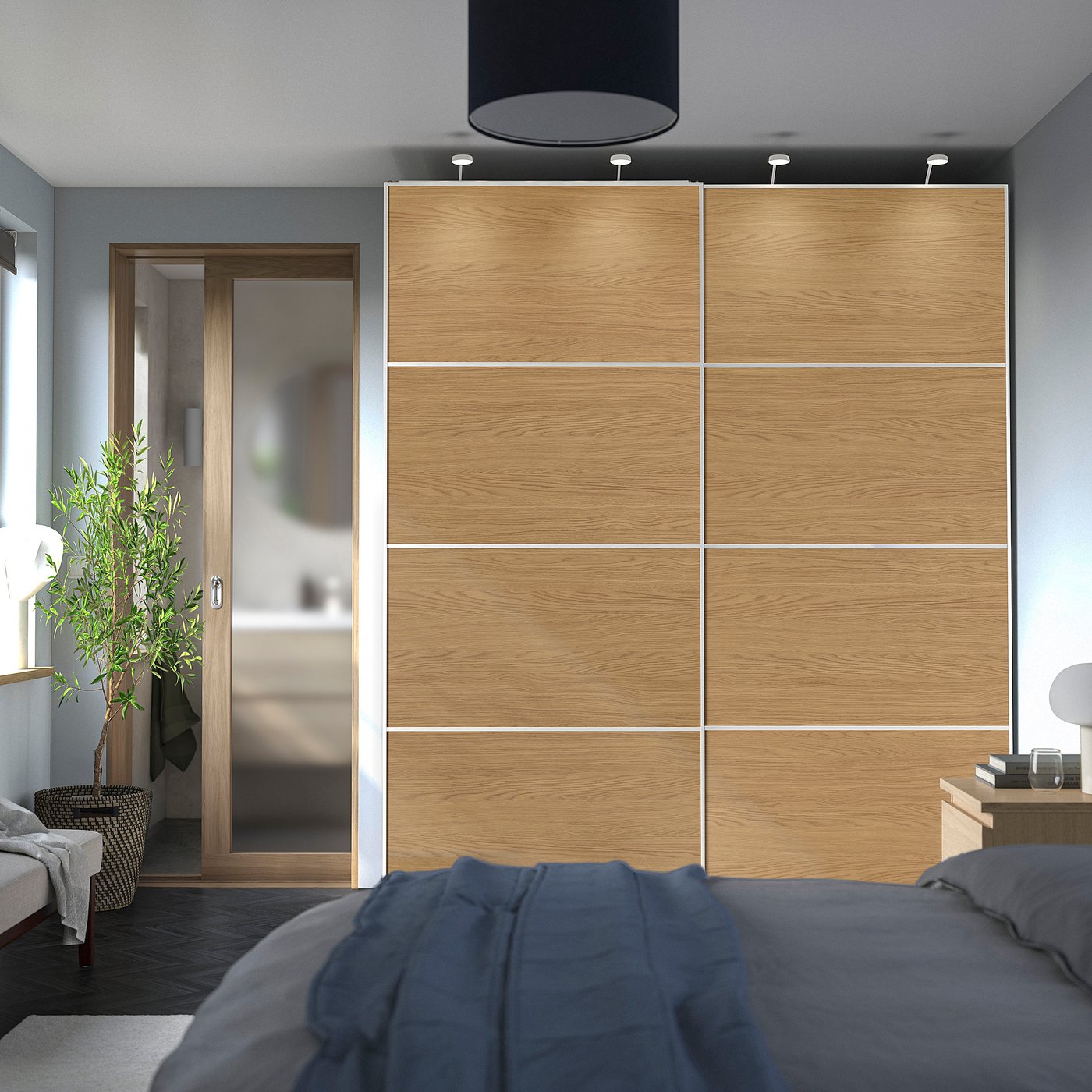 MEHAMN pair of sliding doors, white/double sided oak effect, 200x236x8.0 cm