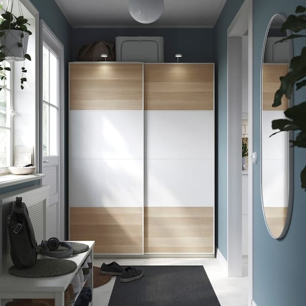 Ikea MEHAMN - Pair of sliding doors, double sided white stained oak effect/white, 150x201 cm