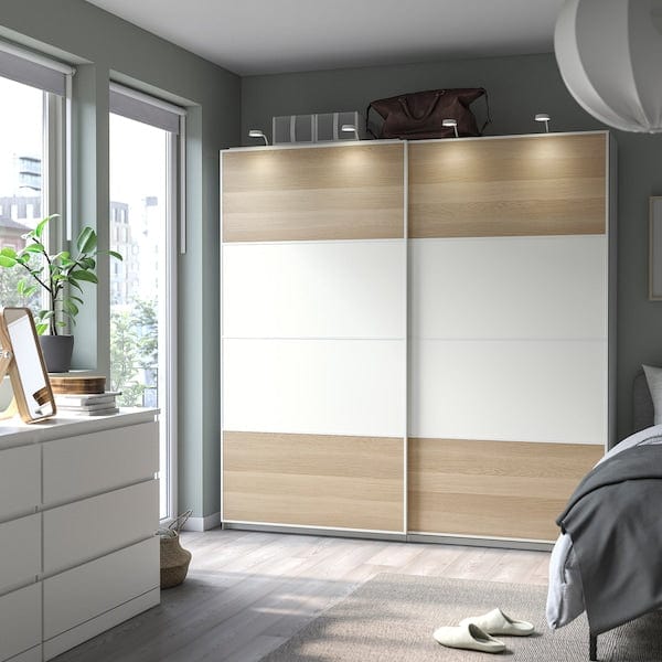 Ikea MEHAMN - Pair of sliding doors, double sided/white stained oak effect white, 200x201 cm