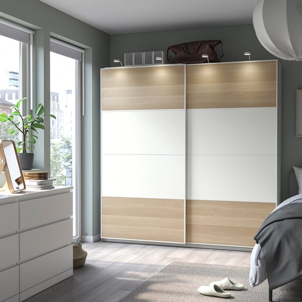 MEHAMN - MEHAMN Pair of sliding doors, double sided/white stained oak effect white, 200x201 cm