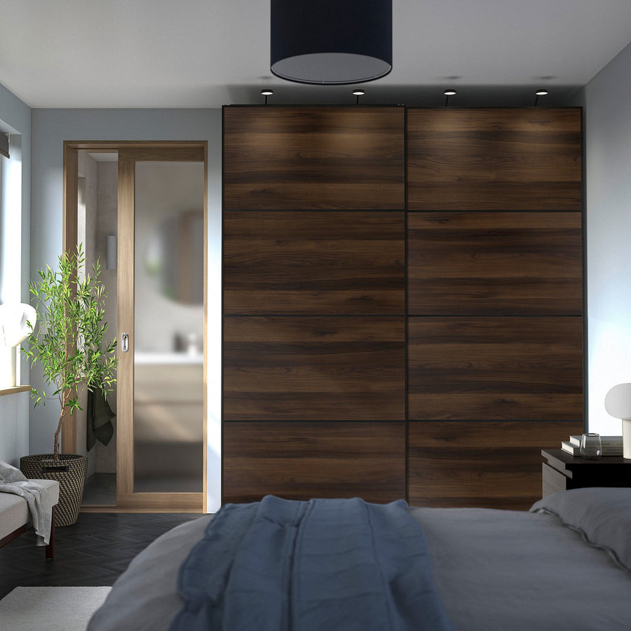 MEHAMN pair of sliding doors, black/double sided dark brown oak effect, 200x236 cm