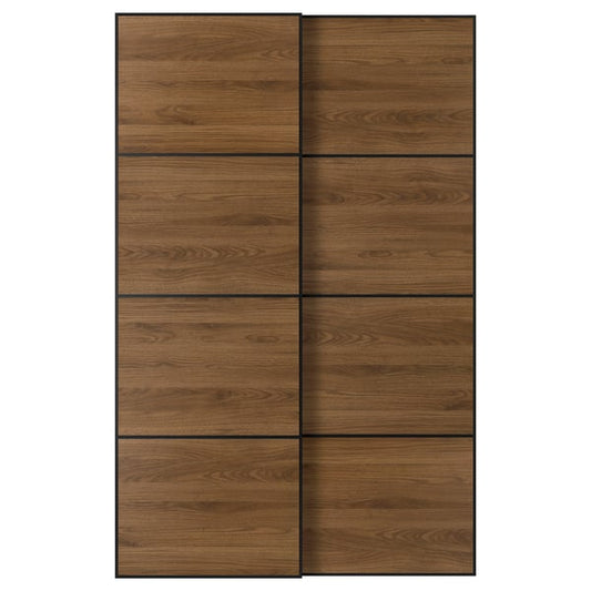 MEHAMN pair of sliding doors, black/double-face walnut, 150x236 cm