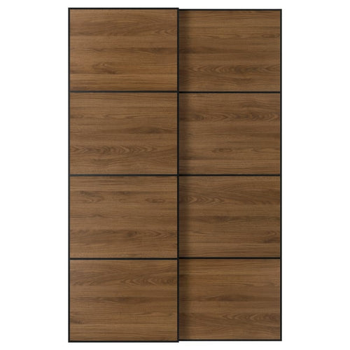 MEHAMN pair of sliding doors, black/double sided walnut, 150x236 cm