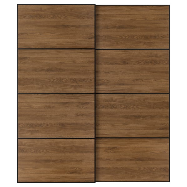 MEHAMN pair of sliding doors, black/double-face walnut, 200x236 cm