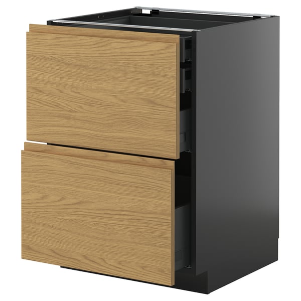 METOD / KNIVSHULT base cb 2 frnts/2 low/1 md/1 hi drw, black-grey/Voxtorp oak effect, 60x60 cm