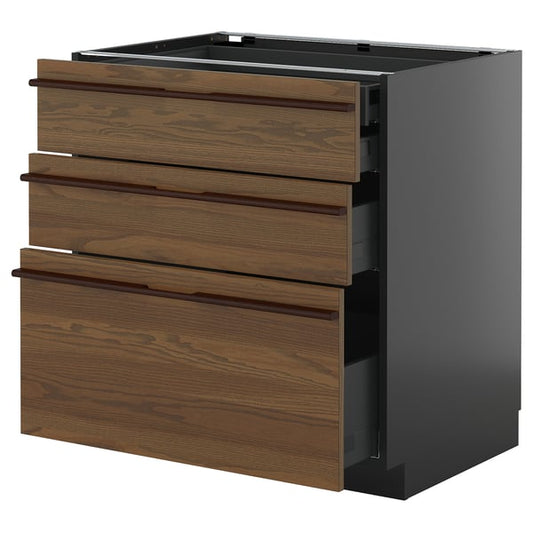 METOD / KNIVSHULT - METOD / KNIVSHULT Base cb 3 frnts/2 low/1 md/1 hi drw, black-grey/Stensta dark brown ash veneer, 80x60 cm
