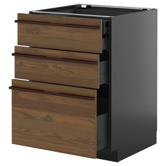 METOD / KNIVSHULT - METOD / KNIVSHULT Base cb 3 frnts/2 low/1 md/1 hi drw, black-grey/Stensta dark brown ash veneer, 60x60 cm