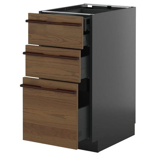 METOD / KNIVSHULT - METOD / KNIVSHULT Base cb 3 frnts/2 low/1 md/1 hi drw, black-grey/Stensta dark brown ash veneer, 40x60 cm