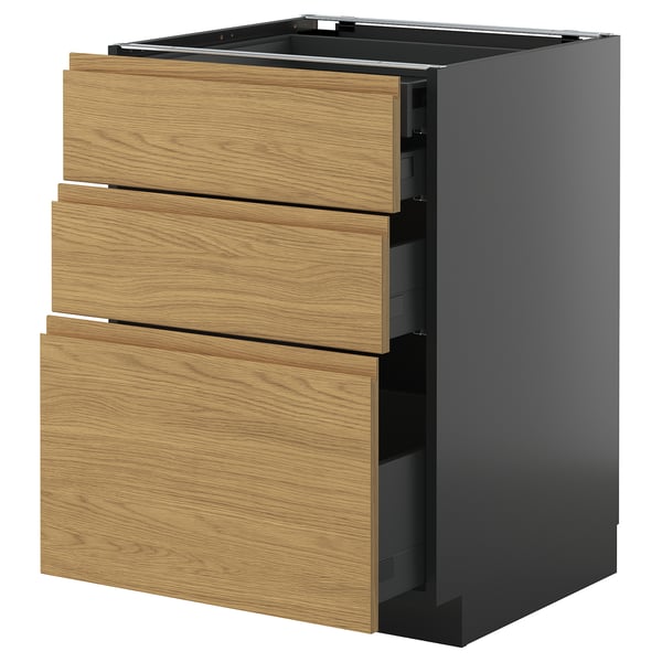 METOD / KNIVSHULT base cb 3 frnts/2 low/1 md/1 hi drw, black-grey/Voxtorp oak effect, 60x60 cm