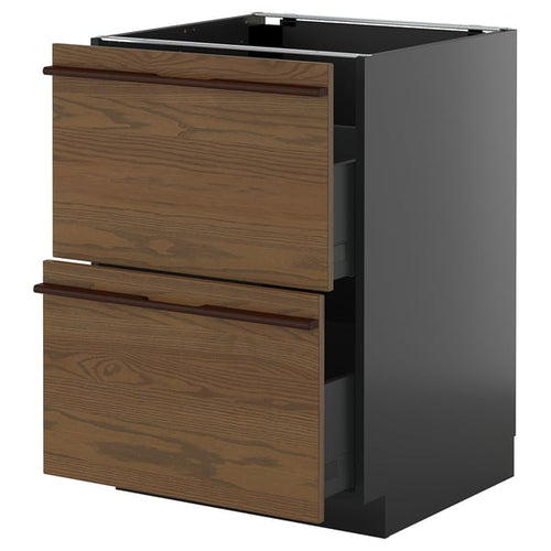 METOD / KNIVSHULT - METOD / KNIVSHULT Base cb 2 fronts/2 high drawers, black-grey/Stensta dark brown ash veneer, 60x60 cm