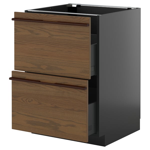METOD / KNIVSHULT base cb 2 fronts/2 high drawers, black-grey/Stensta dark brown ash veneer, 60x60 cm