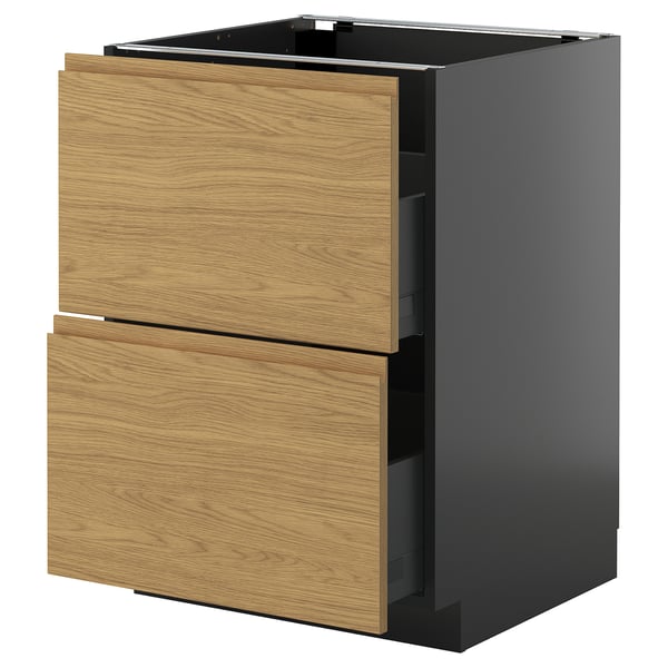 METOD / KNIVSHULT base cb 2 fronts/2 high drawers, black-grey/Voxtorp oak effect, 60x60 cm