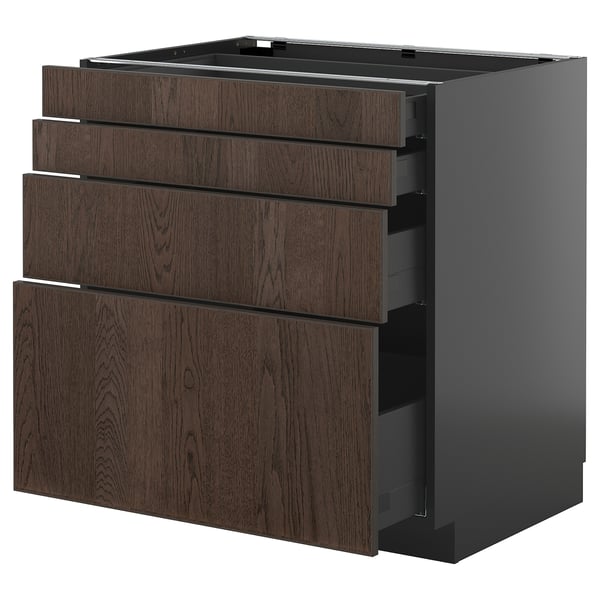 METOD / KNIVSHULT base cab 4 frnts/4 drawers, black-grey/Sinarp brown, 80x60 cm