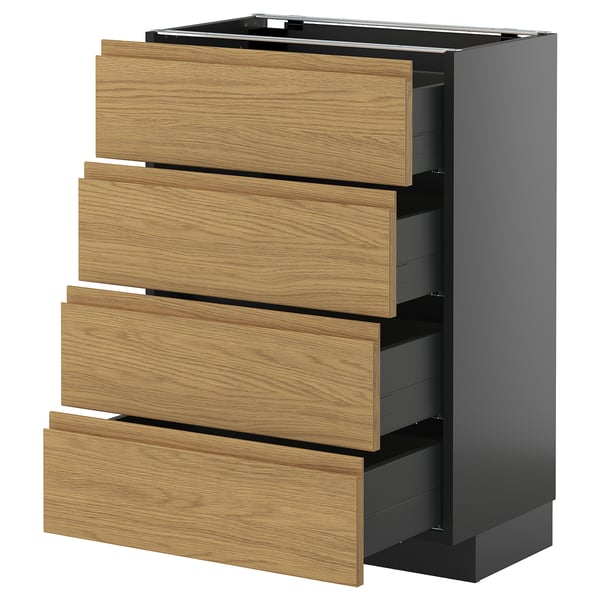 METOD / KNIVSHULT base cab 4 frnts/4 drawers, black-grey/Voxtorp oak effect, 60x37 cm