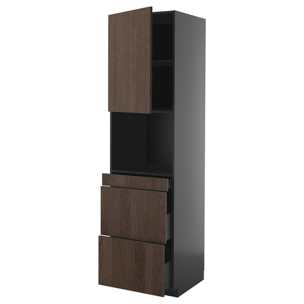 METOD / KNIVSHULT hi cab f micro combi w door/3 drwrs, black-grey/Sinarp brown, 60x60x220 cm
