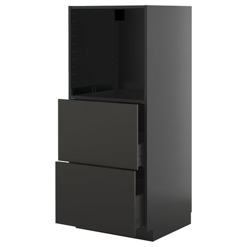 METOD / KNIVSHULT - METOD / KNIVSHULT High cabinet w 2 drawers for oven, black-grey/Nickebo matt anthracite, 60x60x140 cm