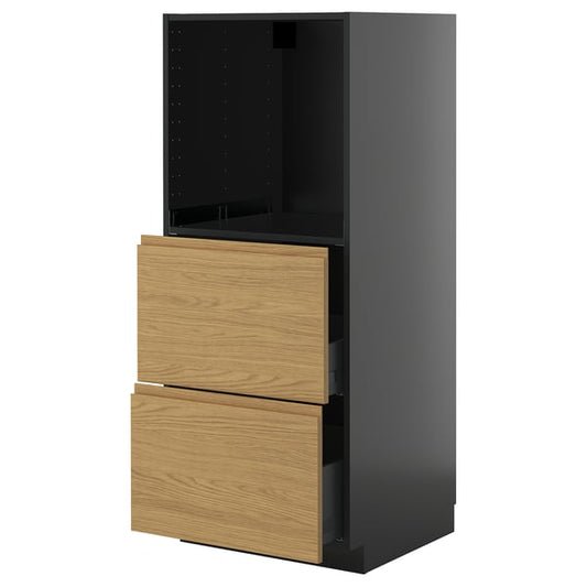 METOD / KNIVSHULT - METOD / KNIVSHULT High cabinet w 2 drawers for oven, black-grey/Voxtorp oak effect, 60x60x140 cm