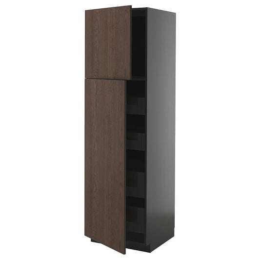 METOD / KNIVSHULT - METOD / KNIVSHULT Hi cab w 2 doors/4 drawers, black-grey/Sinarp brown, 60x60x200 cm