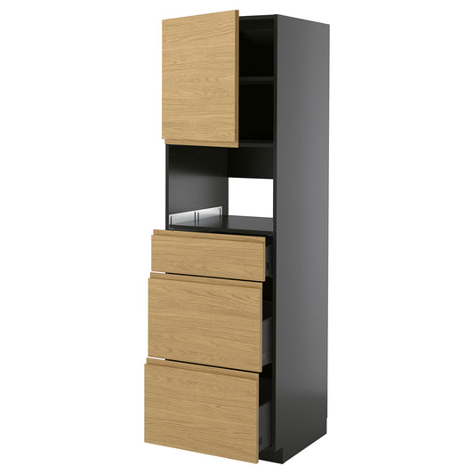 METOD / KNIVSHULT high cabinet f built-in appliances, black-grey/Voxtorp oak effect, 60x60x200 cm