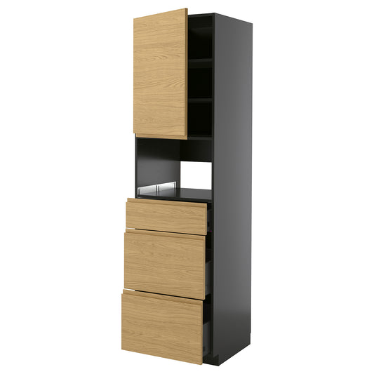 METOD / KNIVSHULT high cabinet f built-in appliances, black-grey/Voxtorp oak effect, 60x60x220 cm