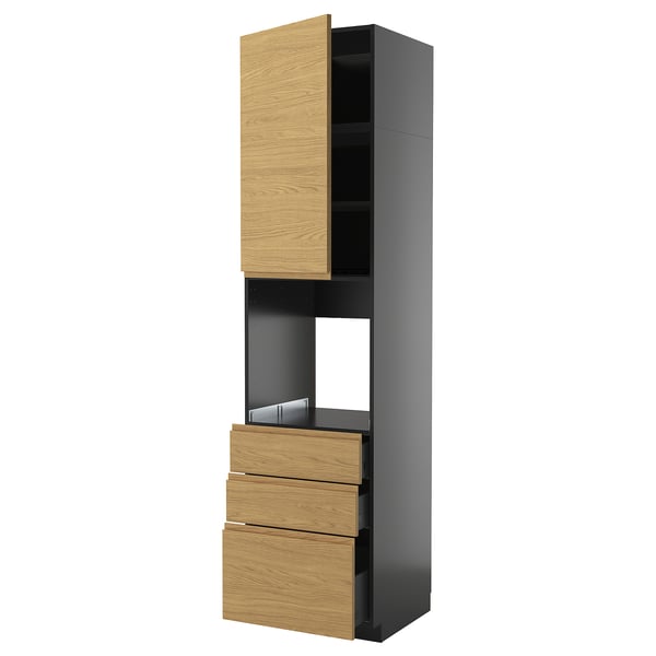 METOD / KNIVSHULT - METOD / KNIVSHULT High cab f oven w door/3 drawers, black-grey/Voxtorp oak effect, 60x60x240 cm
