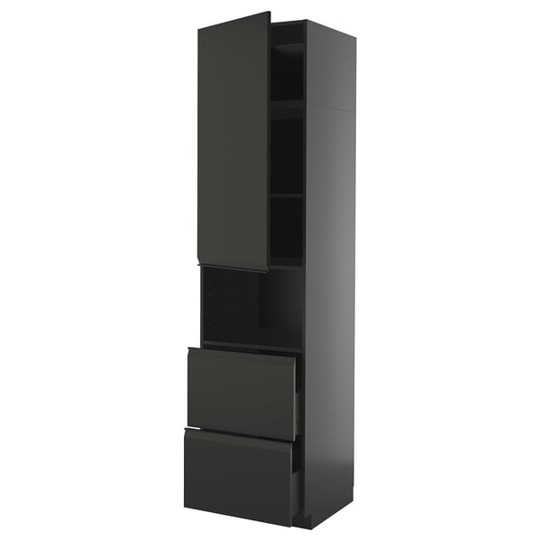 METOD / KNIVSHULT hi cab f micro w door/2 drawers, black-grey/Upplöv matt anthracite, 60x60x240 cm