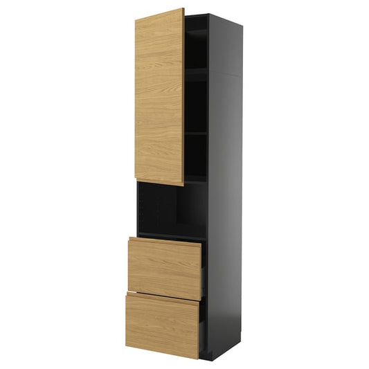 METOD / KNIVSHULT - METOD / KNIVSHULT Hi cab f micro w door/2 drawers, black-grey/Voxtorp oak effect, 60x60x240 cm