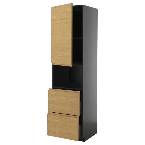 METOD / KNIVSHULT hi cab f micro w door/2 drawers, black-grey/Voxtorp oak effect, 60x60x220 cm
