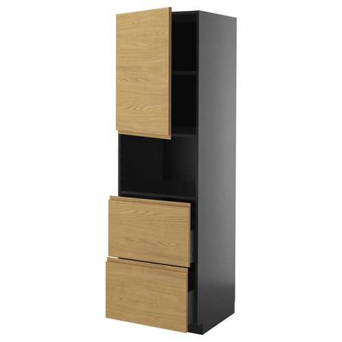 METOD / KNIVSHULT - METOD / KNIVSHULT Hi cab f micro w door/2 drawers, black-grey/Voxtorp oak effect, 60x60x200 cm