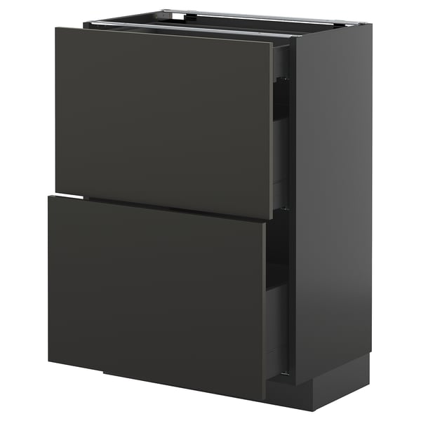 METOD / KNIVSHULT base cab with 2 fronts/3 drawers, black-grey/Nickebo matt anthracite, 60x37 cm