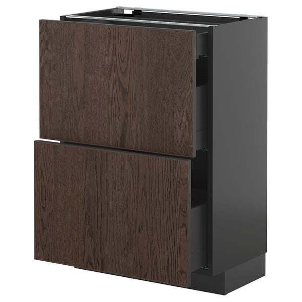 METOD / KNIVSHULT base cab with 2 fronts/3 drawers, black-grey/Sinarp brown, 60x37 cm