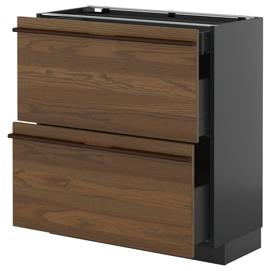 METOD / KNIVSHULT - METOD / KNIVSHULT Base cab with 2 fronts/3 drawers, black-grey/Stensta dark brown ash veneer, 80x37 cm