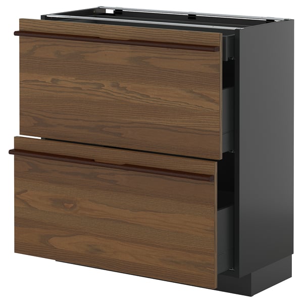 METOD / KNIVSHULT - METOD / KNIVSHULT Base cab with 2 fronts/3 drawers, black-grey/Stensta dark brown ash veneer, 80x37 cm