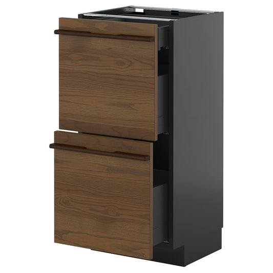 METOD / KNIVSHULT - METOD / KNIVSHULT Base cab with 2 fronts/3 drawers, black-grey/Stensta dark brown ash veneer, 40x37 cm