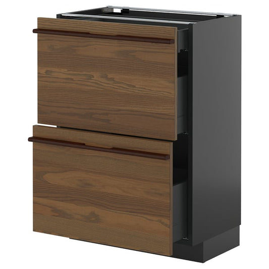 METOD / KNIVSHULT - METOD / KNIVSHULT Base cab with 2 fronts/3 drawers, black-grey/Stensta dark brown ash veneer, 60x37 cm