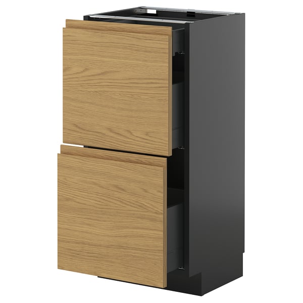 METOD / KNIVSHULT base cab with 2 fronts/3 drawers, black-grey/Voxtorp oak effect, 40x37 cm