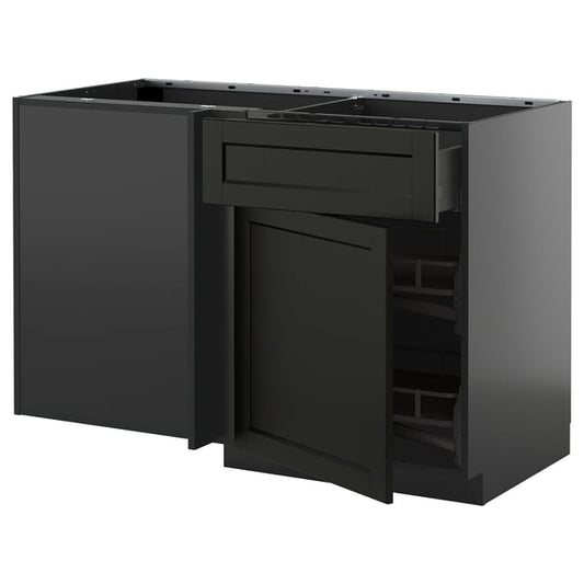 METOD / KNIVSHULT - METOD / KNIVSHULT Corner base cab w drawer and p-out, black-grey/Lerhyttan black stained, 128x68 cm